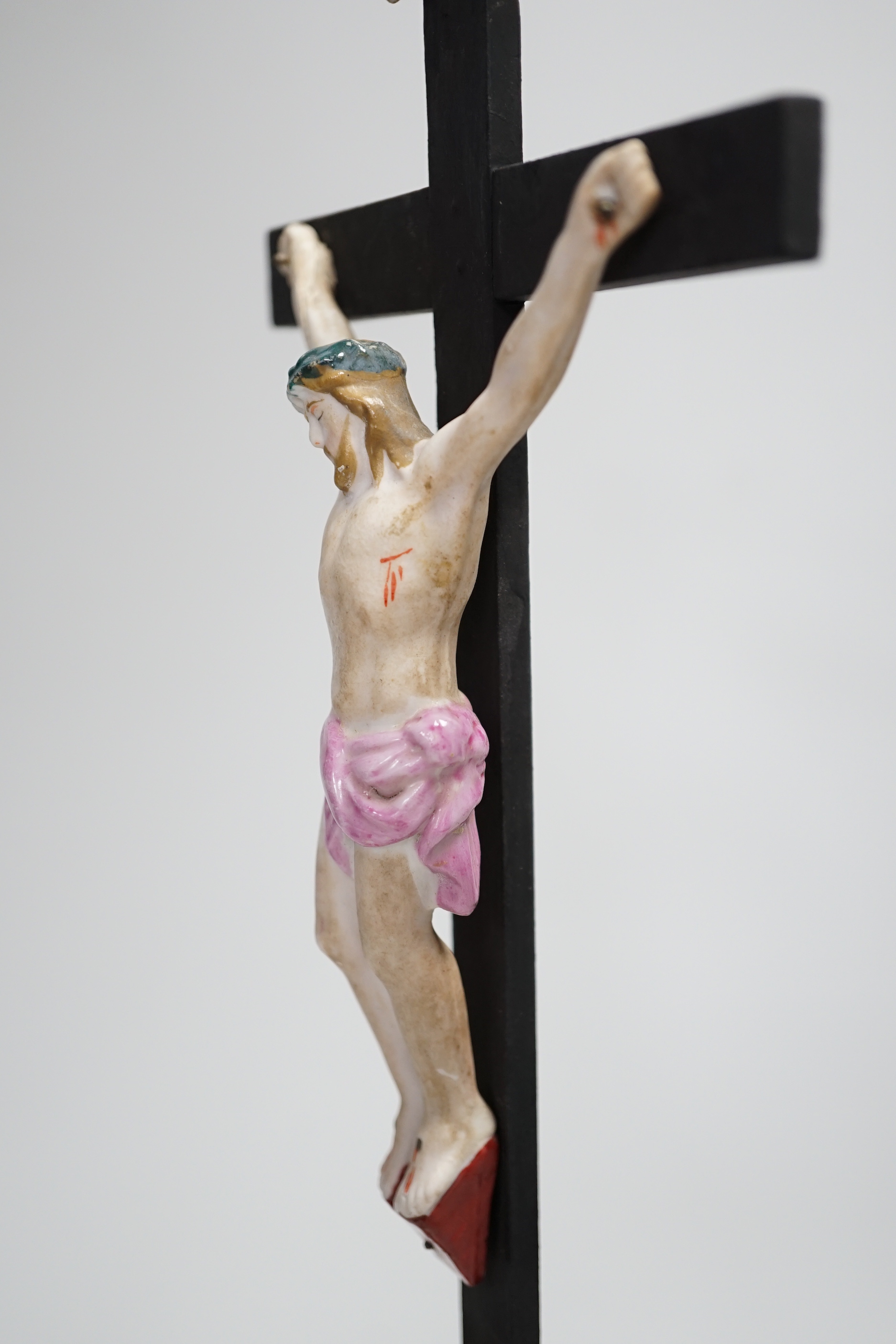19th century Belgium Bisque Crucifixion water stoop, 38cm high